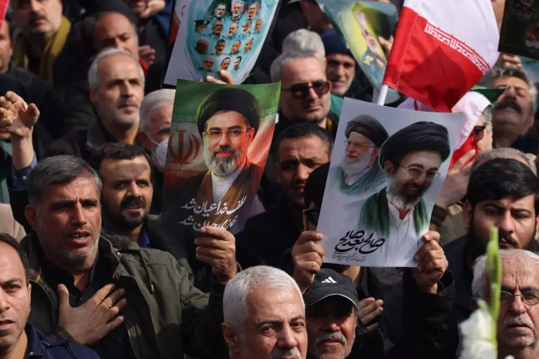 Posters in support of assassinated Supreme Leader Ali Khamenei and his son, the new Supreme Leader Mojtaba Khamenei