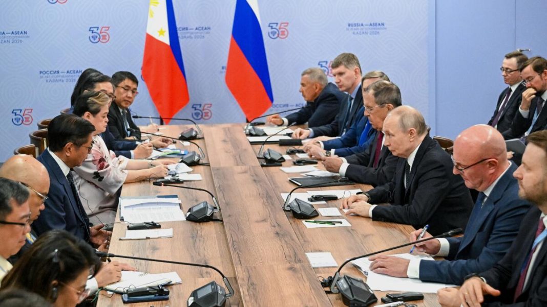 Russian President Vladimir Putin, third right, and Philippine President Ferdinand Marcos Jr. fourth left, attend the talks on the sidelines of the Russia-ASEAN summit in Kazan, Russia, Wednesday, June 17, 2026.