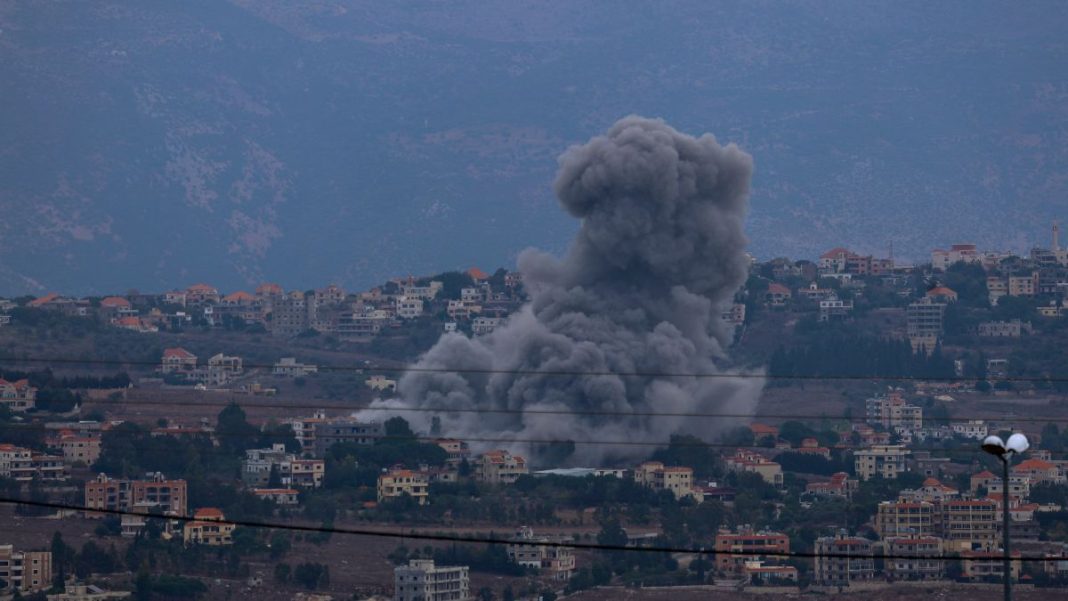 Smoke rises from the area following the Israeli army's attack on Khiam town of Nabatieh Governorate, Lebanon on September 23, 2024.